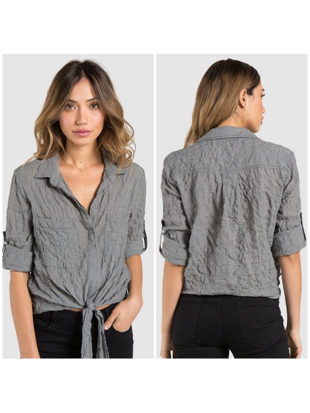 Bella Dahl Tie Front Button Down Shirt Black Crinkle Check Large